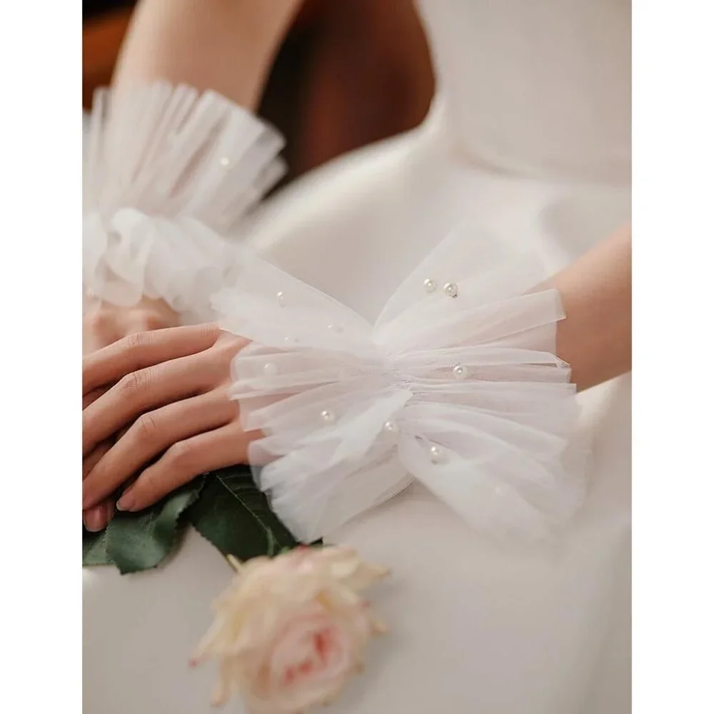Women's Fingerless Yellow Tulle Pearl Short Lace Gloves Hallowmas Accessory